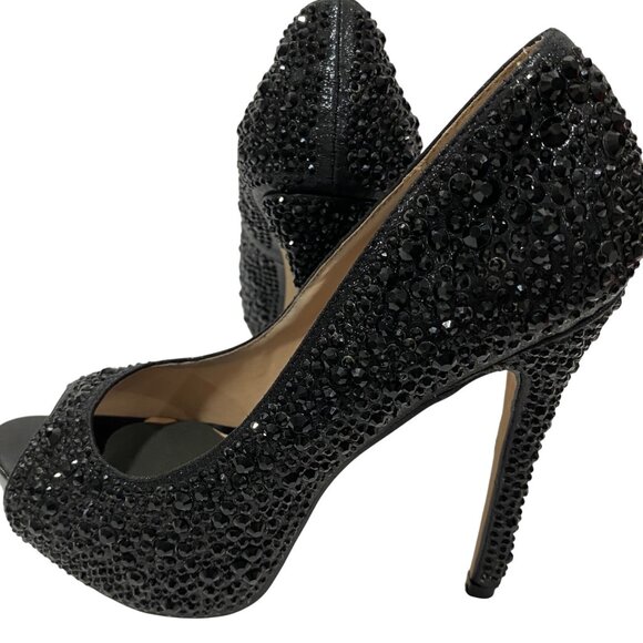 Black Rhinestone Peep-Toe Stiletto Heels Womens Size 7 By Foot Pedals - Picture 6 of 8